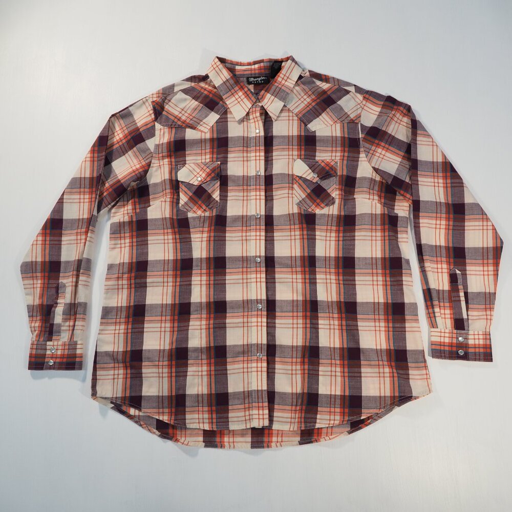 Wrangler Retro Shirt Women XXL Orange Purple Plaid Pearl Snap Western Yoke Rodeo - Picture 7 of 7